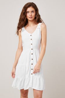 Biały - Letnia sukienka z mieszanki lnu z zapięciem na guziki (T46447) | 99 zł