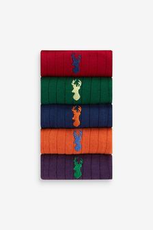 Dark Ribbed Embroidered Stag Socks 5 Pack (T46544) | ₪ 45