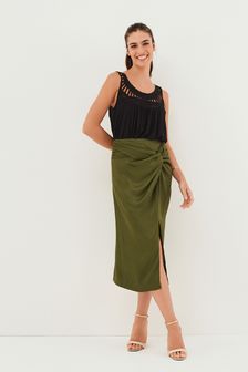 Khaki Green Satin Sarong Midi Skirt (T46558) | €29