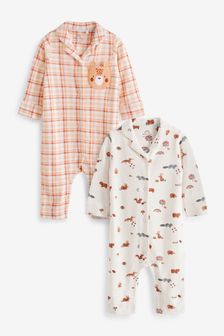 Peach Pink Check / Woodland Animals Baby Pyjama Sleepsuits 2 Pack (0mths-3yrs) (T47147) | ￥2,700 - ￥3,300