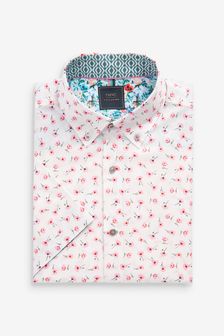 Weiß/Pink geblümt - Regular Fit, kurzärmelig - Bedrucktes Hemd mit Besatz (T47260) | CHF 36