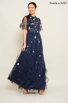 Niebieska zdobiona sukienka maxi Frock and Frill z kwiatowym wzorem (T47281) | 279 zł