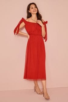 Červená - Bardotové maxi šaty (T47606) | 1 115 Kč