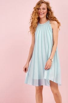 Blue Pleated Stripe Dress (T47613) | $68