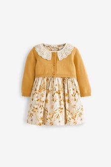 Ochre Yellow/Cream Baby Woven Prom Dress and Cardigan (0mths-2yrs) (T47848) | CA$69 - CA$74