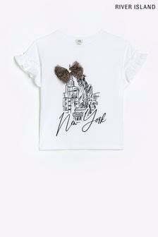 River Island Girls Bow New York White T-shirt (T48102) | HK$144 - HK$185
