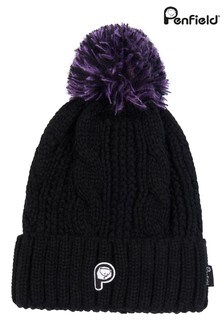 Penfield Black Cable Knit Striped Bobble Hat