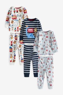 Blau/Weiß/London Dino Bus - Kuschelige Pyjamas im 3er-Pack (9 Monate bis 12 Jahre) (T49683) | 35 € - 43 €