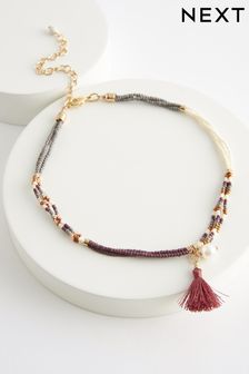 Neutral Beaded Tassel And Pearl Choker Necklace (T49728) | 19 €