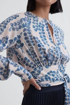 Reiss Pink/Blue Sadie Cropped Printed Belted Blouse (T50733) | OMR104
