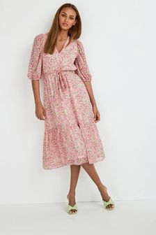 Pale Pink - Printed Belted Long Sleeve Summer Dress (T50756) | kr408
