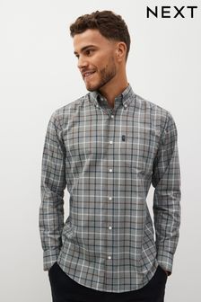Light Grey Tattersall Slim Fit Easy Iron Button Down Oxford Shirt (T50896) | $48