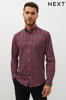 Czerwony w szkocką kratę - Standardowy krój - Zapinana koszula Oxford Easy Iron (T50904) | 94 zł