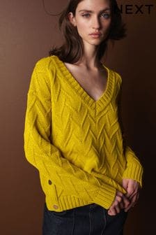 Citrine Yellow Premium Wool Cotton Blend V-Neck Stitch Detail Jumper (T50968) | 58 €