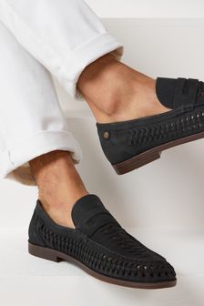 Black Leather Weave Trident Loafers (T51343) | $80