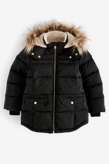 Black Shower Resistant Faux Fur Trim Padded Coat (3-16yrs) (T51590) | $65 - $82