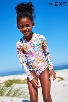 Purple Floral Long Sleeved Swimsuit (3-16yrs) (T52487) | $50 - $65