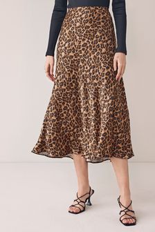 Leopard Printed Satin Midi Skirt (T53330) | $60