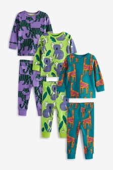  (T53644) | €32 - €40 Groen/paars/blauwgroen met wilde dierenprint - Set van 3 behaaglijke pyjama's (9 mnd-12 jr)