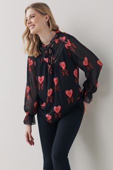 Black and Red Heart Print Lace Trim Top (T53801) | €24.50