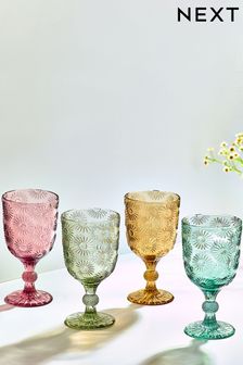 Multi Set of 4 Lisse Floral Pressed Wine Glasses (T54158) | $26