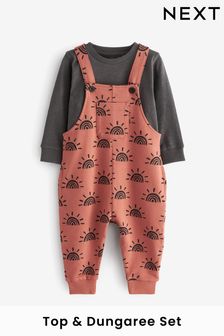 Rust Brown Sunshine All Over Printed Dungaree And Long Sleeve T-Shirt Set (3mths-7yrs) (T54653) | $28 - $34