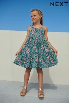 Green/Pink Floral Tiered Strappy Dress (3-16yrs) (T55218) | €16 - €21