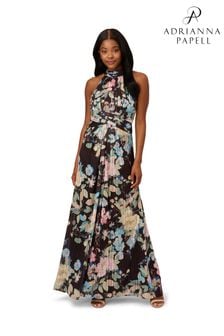 Adrianna Papell Black Chiffon Printed Halter Gown (T55326) | €132