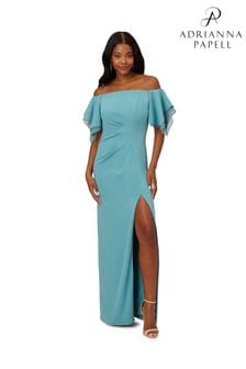 Adrianna Papell藍色縐紗分層衣袖禮服裙 (T55347) | HK$2,560