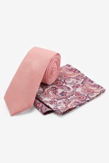 Coral Pink Floral Slim Tie And Pocket Square Set (T55410) | €18