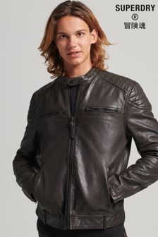 Superdry Grey Leather Moto Racer Jacket (T55598) | $428
