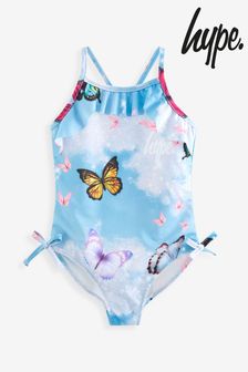 Hype. Girls Blue Glitter Butterfly Sky Script Frilly Swimsuit (T57083) | $62 - $75