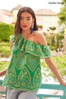Another Sunday Green One Shoulder Ruffle Blouse With Broderie