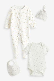 Cream Printed 4 Piece Baby Sleepsuit Bodysuit Hat And Bib Set (0-9mths) (T58009) | €18.50