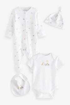 Beyaz Parlak Karakter 4 Parça Bebek Pijama Bodysuit Şapka Ve Önlük Seti (0-9mths) (T58010) | ₺ 345