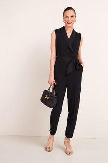 Black - Tie Waist Tuxedo Jumpsuit (T58013) | MYR 203
