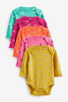 Pink and Green Multi Print Long Sleeve Baby Bodysuits 5 Pack (T58167) | $32 - $39