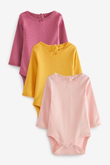 Raspberry Pink/Ochre Yellow Pointelle 3 Pack Baby Long Sleeve Bodysuits (T58168) | 16 € - 21 €