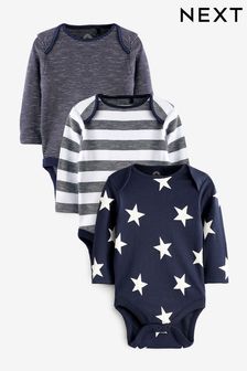 Navy Blue Star 3 Pack Long Sleeve Baby Bodysuits (T58694) | 14 € - 16 €