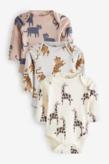 Grey and Cream Animal Print Baby Long Sleeve Bodysuits 3 Pack (T58696) | €16 - €21