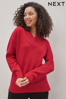Red High V-Neck Long Sleeve Jumper (T59631) | AED111