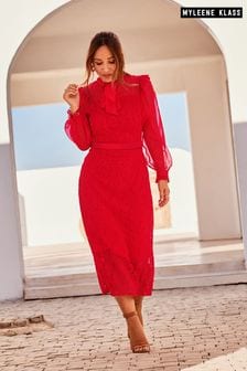 Myleene Klass Red Lace Tie Neck Midi Dress (T59736) | SGD 108