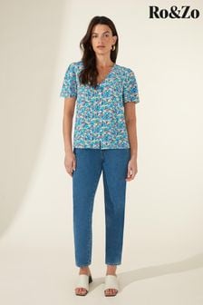 Ro&Zo Blue Ditsy Print Button Front Shell Top (T59944) | €30