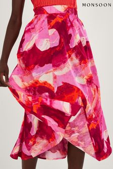 Różowa spódnica midi Monsoon z abstrakcyjnym nadrukiem (T59966) | 205 zł