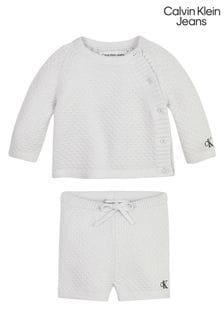 Szary niemowlęcy komplet Calvin Klein Jeans na prezent: teksturowany sweter i szorty (T60040) | 300 zł