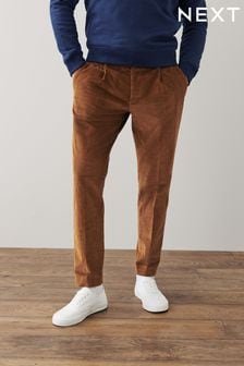 Brown Slim Tapered Pleated Cord Formal Trousers (T60345) | 18 €