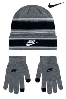 Szary - Dziecięcy zestaw Nike w paseczki: czapka beanie i rękawiczki (T60387) | 160 zł