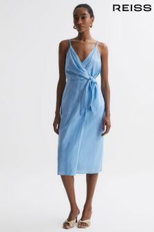 Reiss Blue Esme Petite Linen Side Tie Midi Dress (T60404) | €120