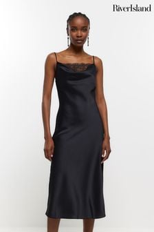 River Island Black Lace Cowl Neck Slip Dress (T60675) | €23