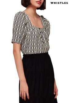 Whistles Link Check Square Neck Black Top